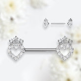 Pair of Silver Heart and Crown Surgical Steel Nipple Barbell. Nipple Rings. Nipple Piercing. Nipple Jewelry